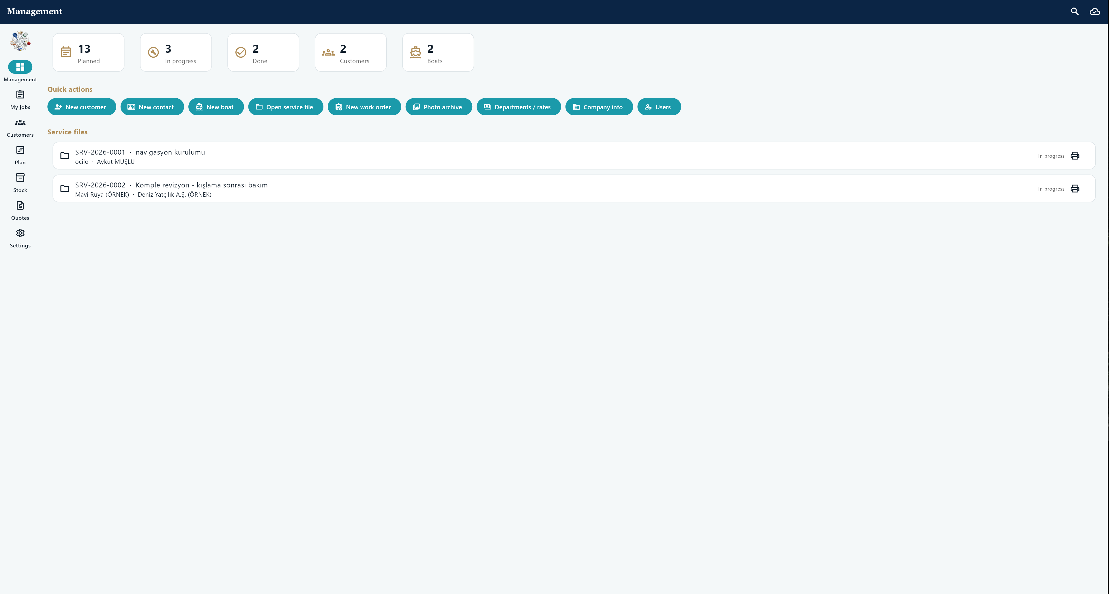 AYM Karina technical service software – service files and work order dashboard